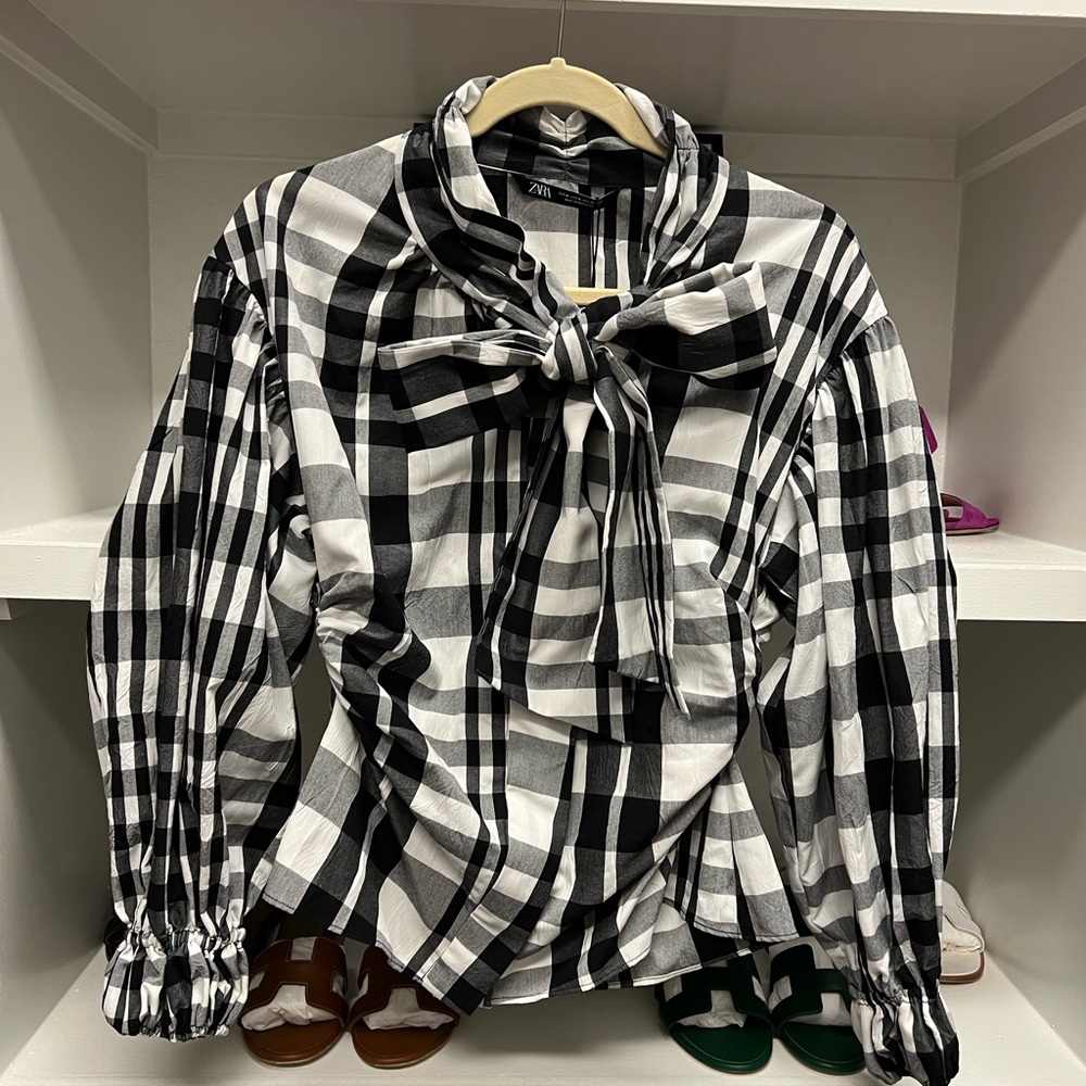 Zara plaid button up with bow tie